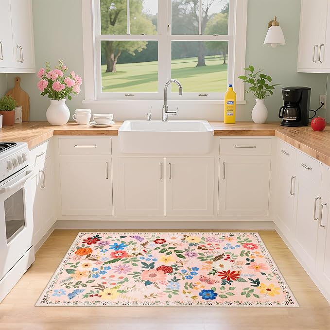 PLHXFR 2x3 Small Entryway Rug: Floral Washable Indoor Soft Carpet Beige | - Image 4