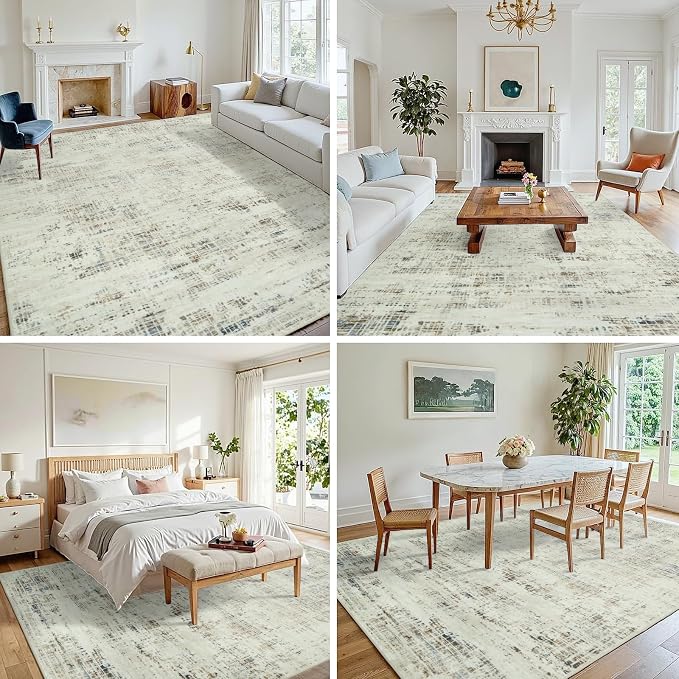 9x12 Washable Area Rug for Living Room Bedroom: Non-Slip Modern Gray White | - Image 3