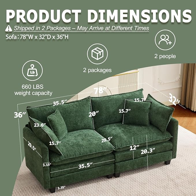 78" Modular Sectional Sofa, Cloud Couch Loveseat Sofa, Deep Seat Washable - Image 2