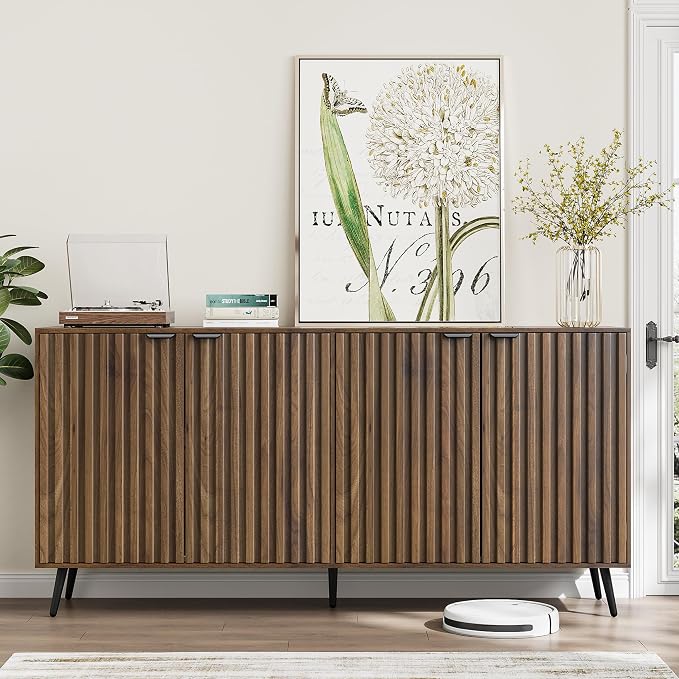 Smuxee 63" Fluted Sideboard Cabinet, Freestanding Walnut Buffet Cabinet by Smuxee