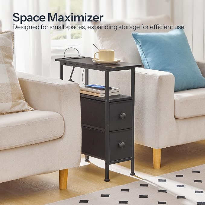 HOOBRO End Table with Charging Station, Narrow Side Table with 2 Fabric Drawers - Image 4