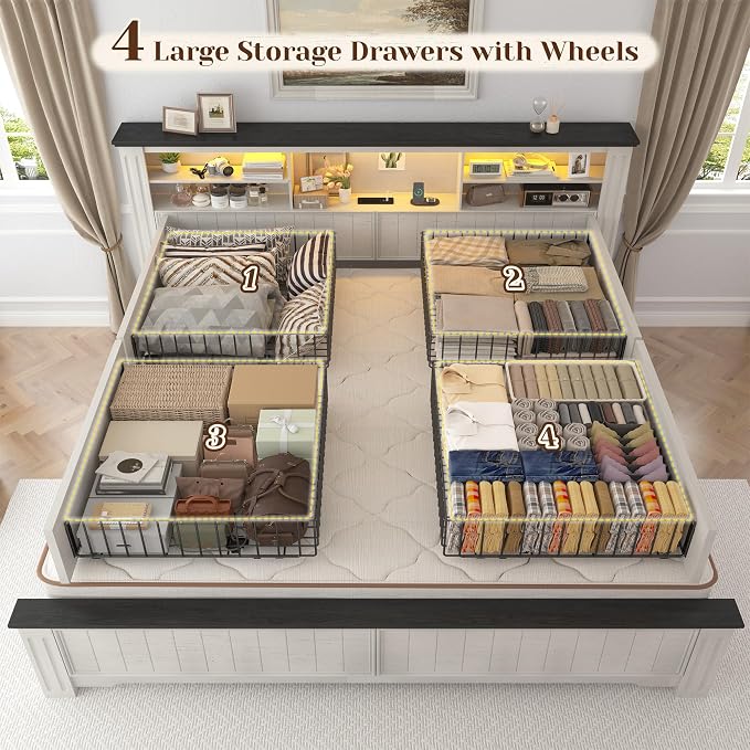 EnHomee King Size Bed Frame and Headboard & Storage, 4 Drawers and LED Built in - Image 5
