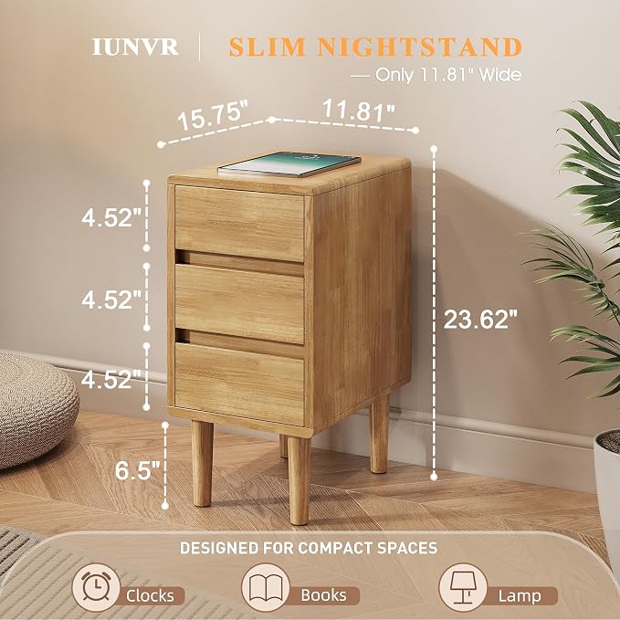 Nightstand with 3 Drawers Narrow Night Stand Solid Wood Bedside Table Mid - Image 2