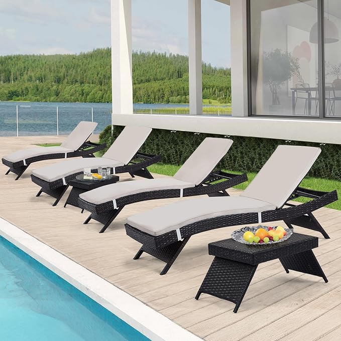 Outdoor Chaise Lounge Chairs + Coffee Tables Set of 6 by Asifom