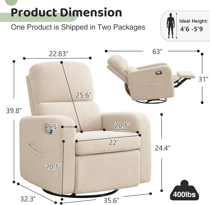 Swivel Rocker Recliner, Oversized Manual Boucle Nursery Glider Rocking Recliner - Image 2
