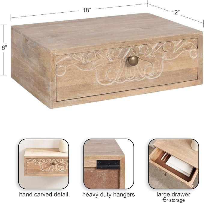 Kate and Laurel Mirza Transitional Carved Wood Floating Side Table, Natural Wood - Image 3