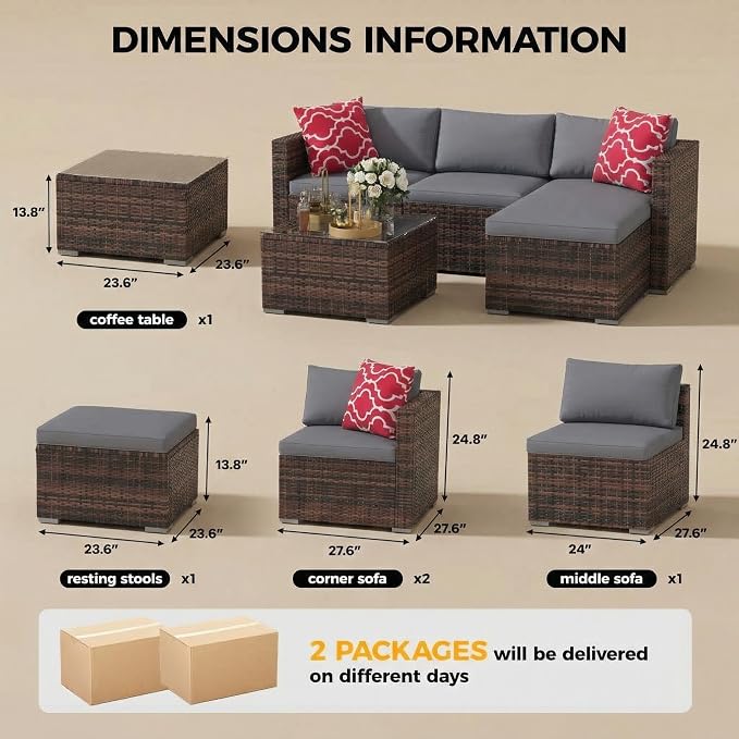 5-Piece Patio Sectional Sofa Set, All-Weather Brown PE Rattan Outdoor - Image 2