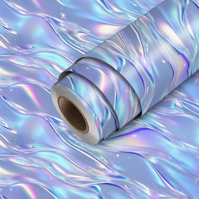 HOMETITUTE Shimmering Lilac Blue Wave Pattern Wallpaper Peel and Stick Contact by HOMETITUTE