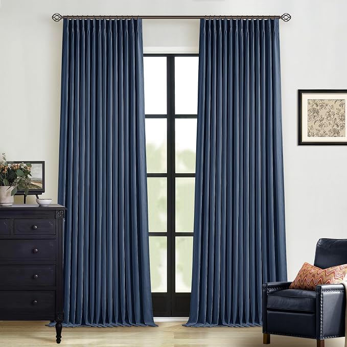 Dark Blue Linen 100% Blackout 120 Inch Curtains by Twodrapes