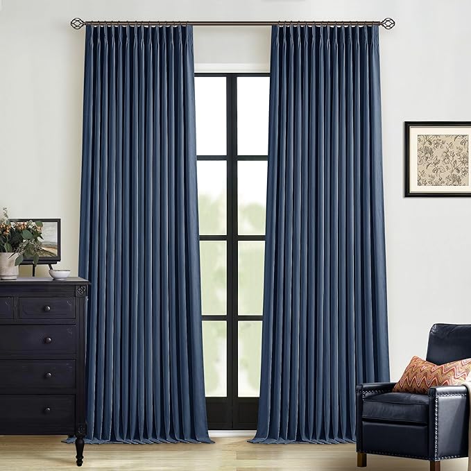 Dark Blue Pinch Pleated 100% Blackout Linen Bedroom Curtains 96 Inch Length | by Twodrapes