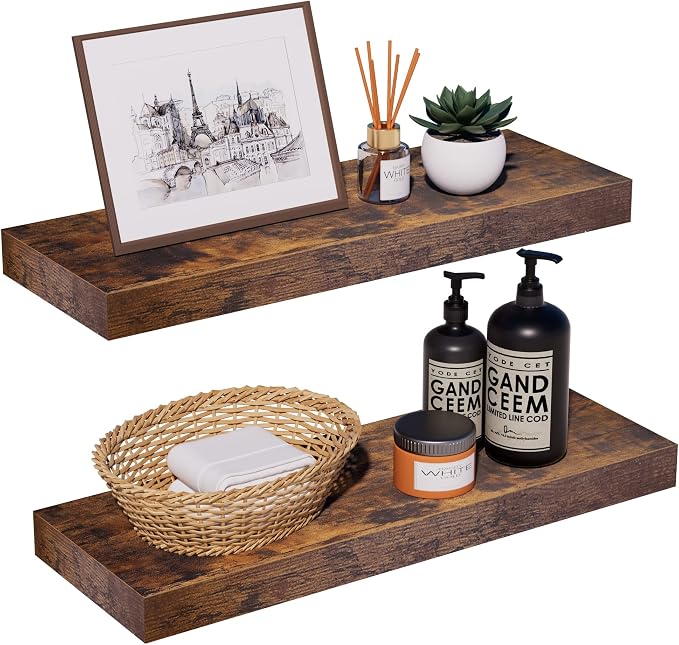 Rustic Brown Floating Shelves for Wall，24in Wall Mounted Display Ledge Shelves by INHABITUNION