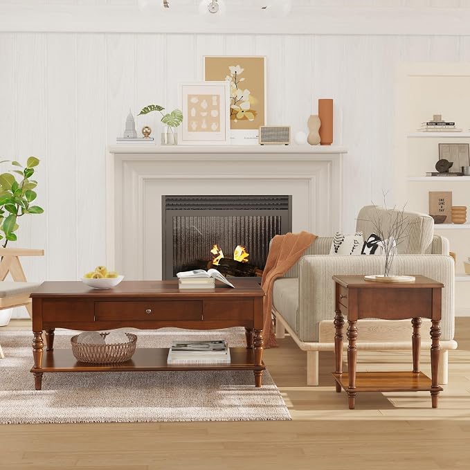 Mid-Century Modern Living Room Coffee Table Set, 2-Piece Solid Wood Living Room - Image 3