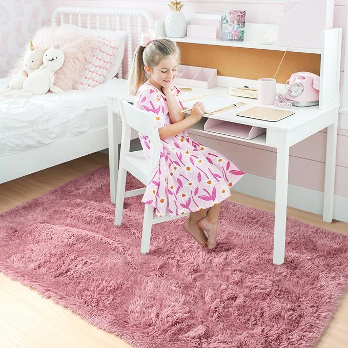 Amdrebio Blush Pink Fluffy Kids Area Rug 5x7 - Image 3
