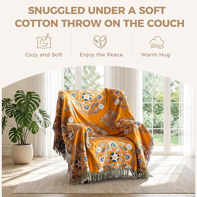 LUTBM Boho Throw Blanket for Bed 100% Cotton Soft Lightweight Quilt Floral - Image 4