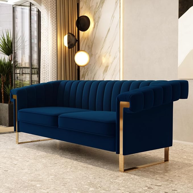 Mid-Century Modern Blue Velvet Sofa - Image 4