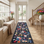 PLHXFR 2.6x10 Washable Runner Rug：Floral Indoor Kitchen Soft Carpet Black | - Image 3