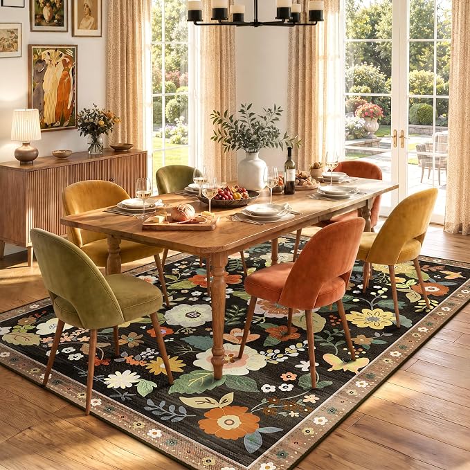 RELEANY Floral Washable 5x7 Area Rugs Black/Yellow | Flower Carpet Print Boho - Image 6