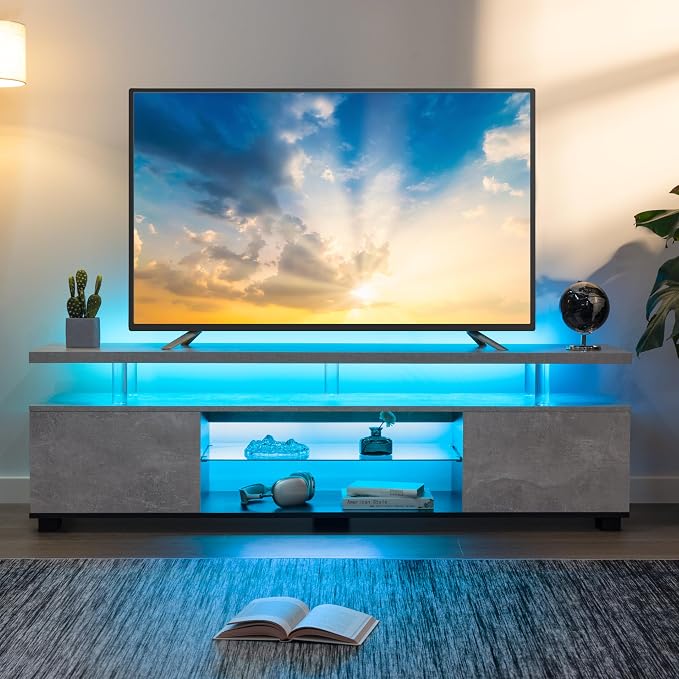 Cubehom Grey TV Stands for Living Room, Glass TV Stand, LED TV Stand for 75+ - Image 3
