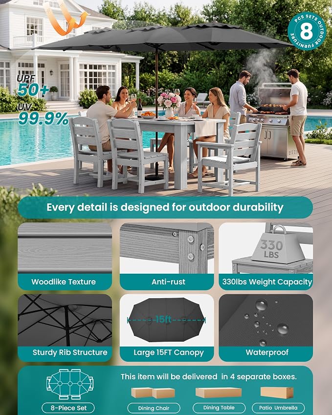 SERWALL Patio Dining Set with 15FT Double Side Umbrella, Outdoor Dining Sets - Image 2