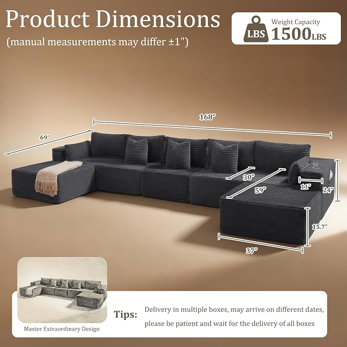 168" Cloud Sectional Couch, Comfort U Shaped Sofa - Image 2