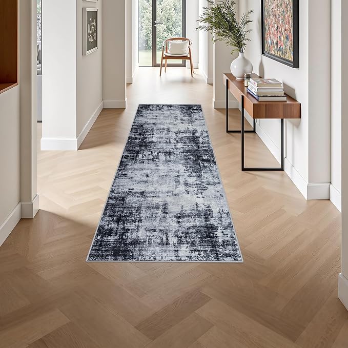 2x6 Washable Runner Rug：Modern Abstract Soft Carpet Dark Black | - Image 4