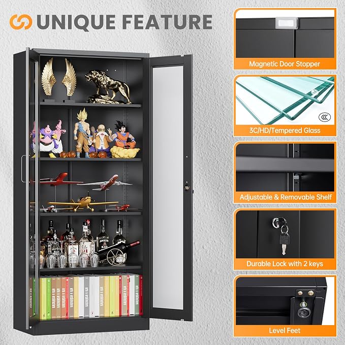 Locking Display Cabinet with Glass Door, 71”H Metal Curio Cabinets with - Image 7