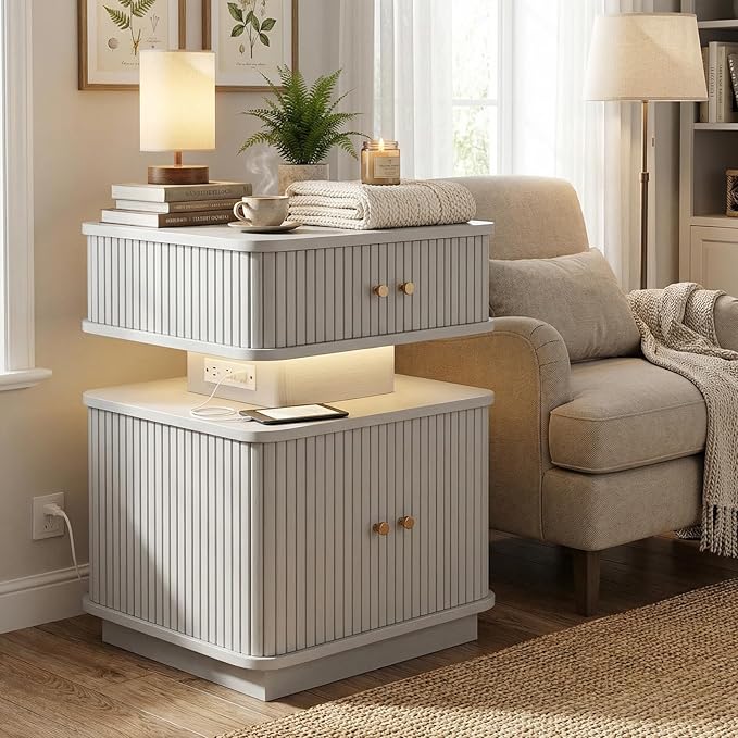 Nightstand with Charging Station, Modern Night Stand with Smart Led Light and 2 - Image 5