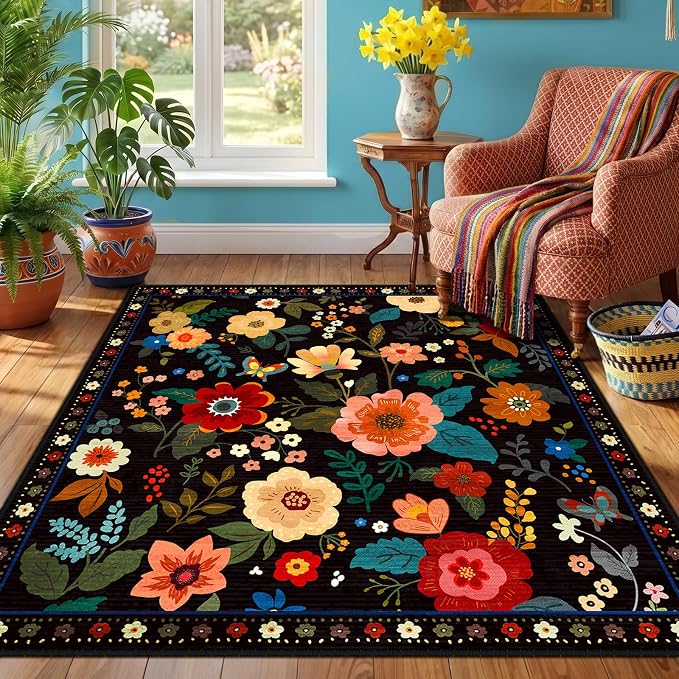 RELEANY Floral Washable Square 5ft Area Rug Black | Flower Carpet Print Boho - Image 2
