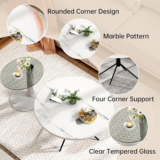 Hooseng Set of 2 Round Coffee Tables, Faux Marble Top and Modern Tempered - Image 8