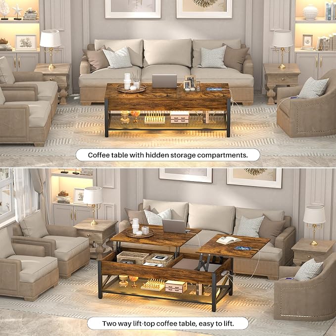 Aheaplus Coffee Table with LED Light and Power Outlet, Modern Lift-Top Center - Image 8
