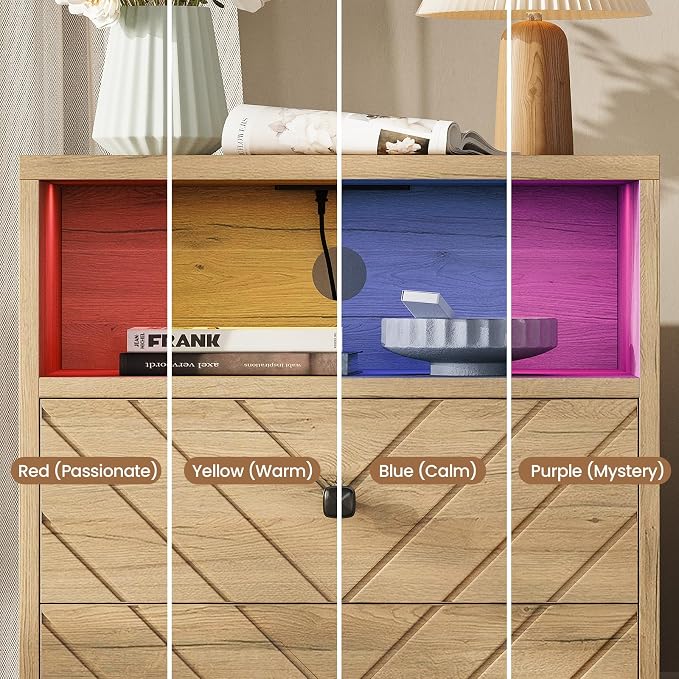 Modern Nightstand with Charging Station, LED Bedside Table with 2 Storage - Image 6