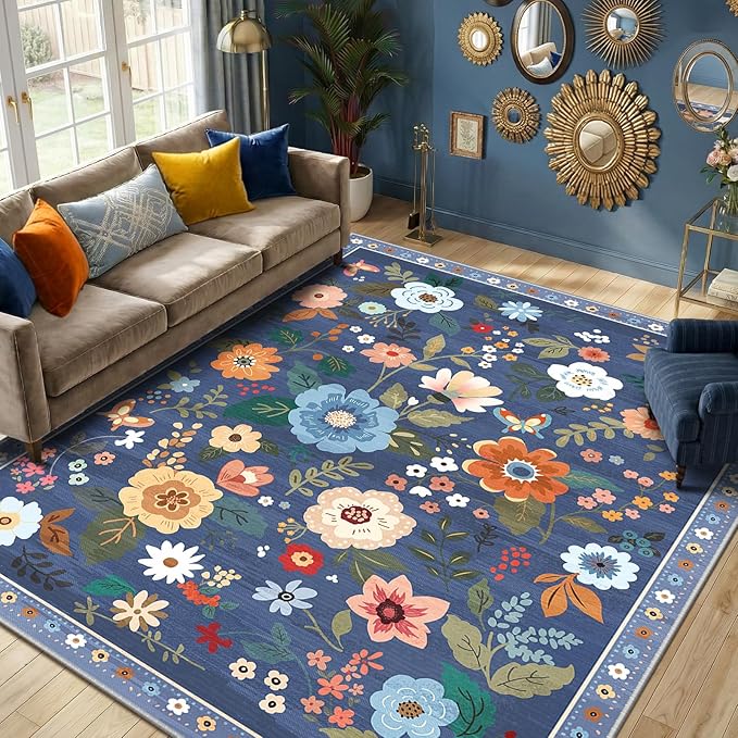 RELEANY Floral Washable 7x9 Area Rugs Blue/Grey | Flower Carpet Print Boho Cute by RELEANY
