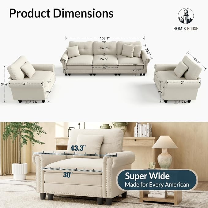 HERA'S HOUSE 3 Pieces Modular Sectional Sofa Sets, Oversized Couch Set - Image 9