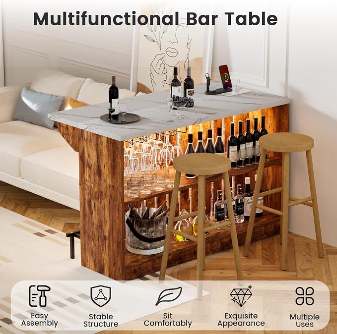 Home Bar Unit with LED Lights and Charging Station, Imitation Marble Mini - Image 7