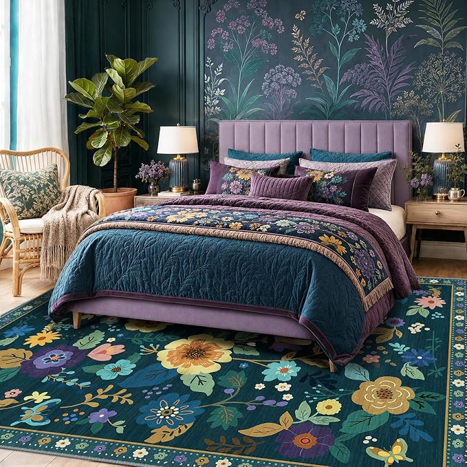 RELEANY Floral Washable 8x10 Area Rugs Teal/Purple | Flower Carpet Print Boho - Image 8