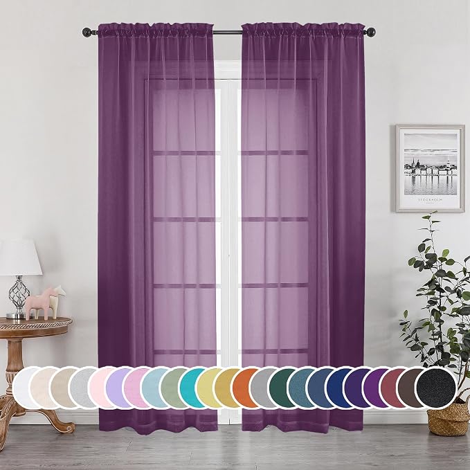 Plum Sheer Curtains, Sheer Curtains 84 Inches Long 2 Panels Set, Rod Pocket by OWENIE