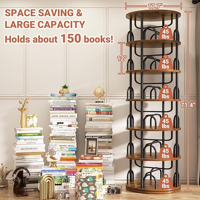 Aheaplus 6 Tier Rotating Bookshelf Tower, Revolving Bookcase, 360° Round - Image 2