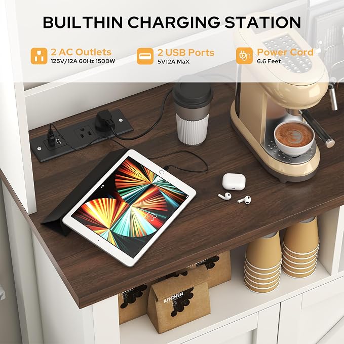 Buffet Sideboard with Storage Hutch with Power Outlets 4 Doors, Large Farmhouse - Image 3