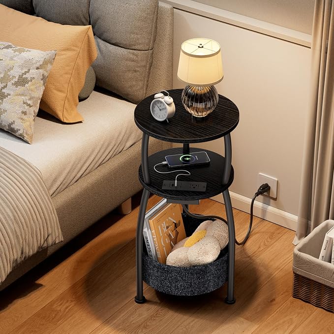 Round Side Table with Power Outlets, Small Coffee Table with S Basket, Space - Image 7