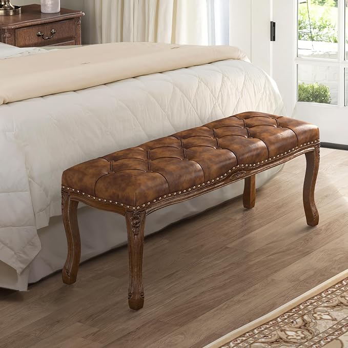 Cozyman Bedroom Bench, French Vintage Tufted Leather Bench, 45.2" Carving - Image 2