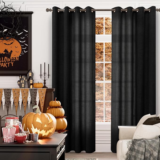 YoungsTex Black Linen Semi Sheer Curtains 80 Inch Length - Image 2