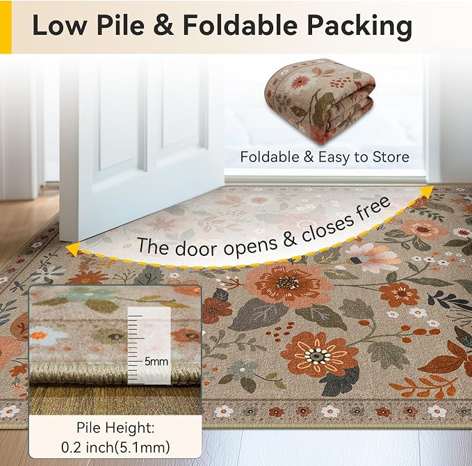 RELEANY Floral Washable 4x6 Area Rugs Brown/Brick | Flower Carpet Print Boho - Image 4