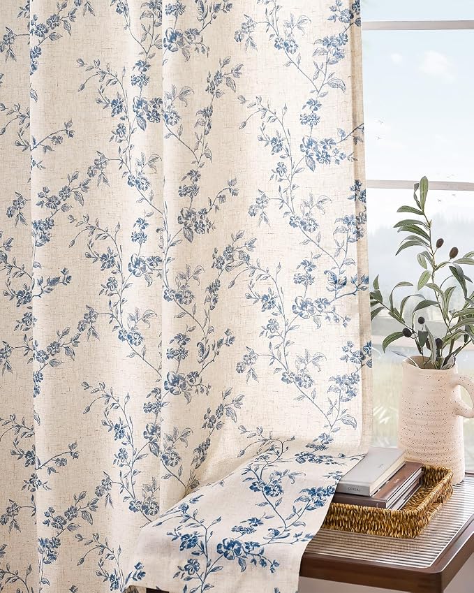 Extra Long Blue Vintage Floral Linen Curtains Farmhouse 2 Panels | Elisa - Image 8