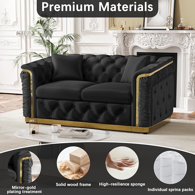 62.2" Luxury Velvet Chesterfield Sofa Tufted Victorian Black and Gold Couch - Image 6