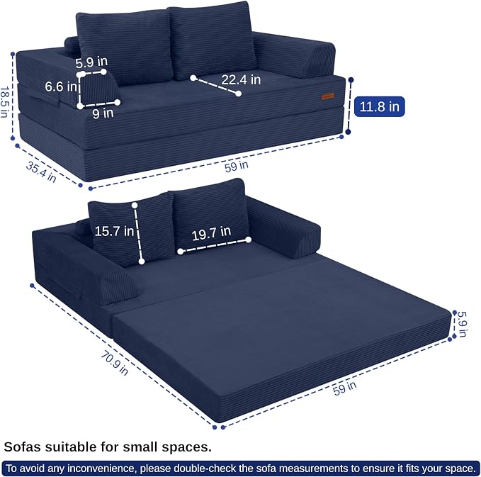 COMAX Convertible Sofa Bed, Folding Floor Couch Corduroy Fold Out Couch Bed - Image 2