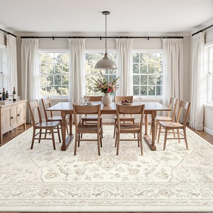 5x7 Area Rugs Living Room: Bedroom Washable Carpet Beige White | Vintage Boho - Image 9