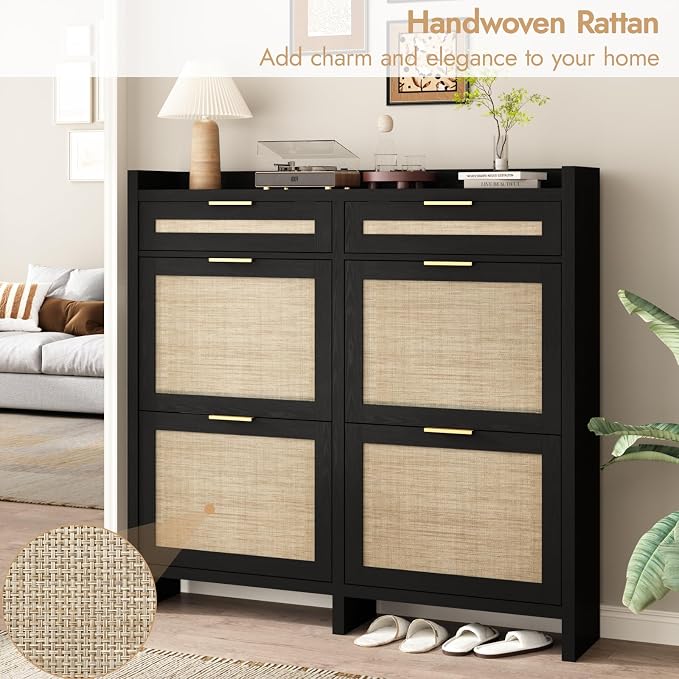 HOKYHOKY Large Rattan Shoe Storage Cabinet - Image 3