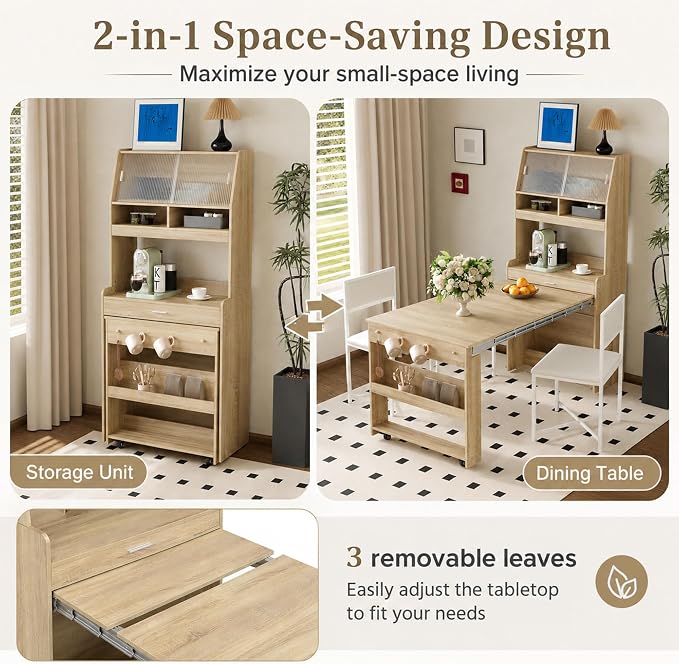 Kitchen Storage Cabinet with Hutch and Extendable Dining Table, 33.5" - Image 2