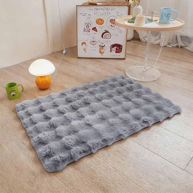 Blue Grey Rabbit Plush Rug 2'x3', Fluffy Shaggy Area Rug - Image 4