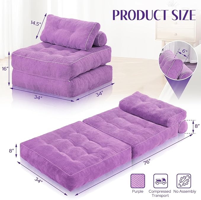 HABUTWAY Folding Sofa Bed, Convertible Sleeper Chair Bed w/Dual-Pillow & Handle - Image 2